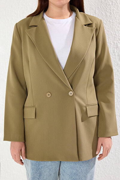 Trendyol Curve Plus Size Double Breasted Blazer Jacket - Light Khaki, Lined Woven Tbbaw25Ag00022