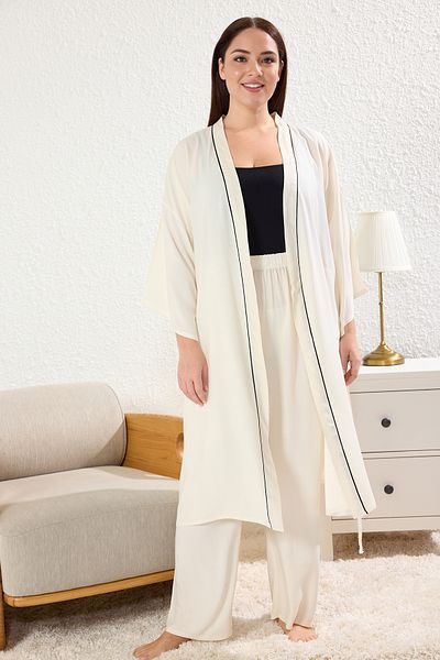 Trendyol Curve Viscose Beige Σετ Πιτζάμες 2 τεμαχίων - Πρωινές τουαλέτες και Πυτζάμες TBBAW25AI00031