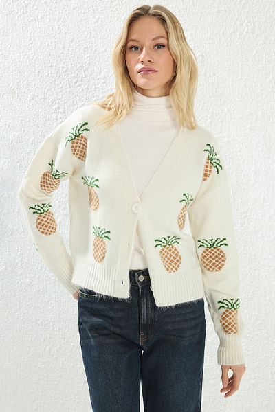 Trendyol Collection Ecru V-Neck Pineapple Print Soft Knitwear Cardigan - Twoaw25Hi00377