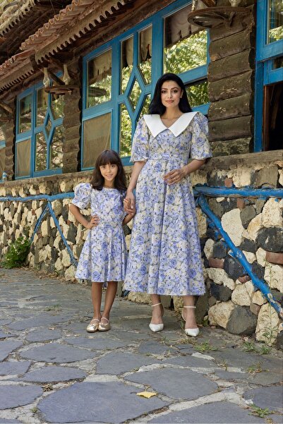 KÜÇÜĞÜM BUTİK Yakalı Mavi Pastel Çiçekli Balon Kol Kloş Anne Kız Kombini (Tekli Satılmaktadır)