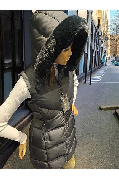 modayiğit Siyah kapüşonlu kürklü kadın şişme yelek