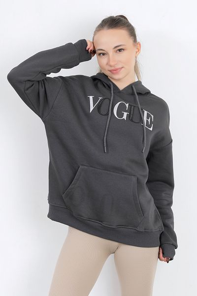 GİYSA Vogue Women's Oversize Hooded Embroidered Sweatshirt - Smoked, Kangaroo Pocket - 2524