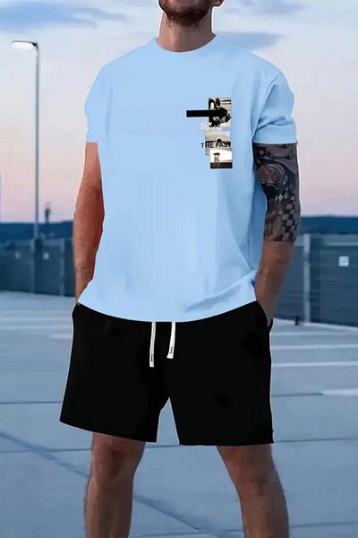 NO 601 Tricou pentru bărbați, albastru New Moment, cu imprimeu supradimensionat, cu croiala relaxată