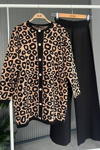 Bold Grup Women's Brown Standard Size Leopard Patterned Knitwear Buttoned Cardigan Trousers Bottom-Top Double Suit