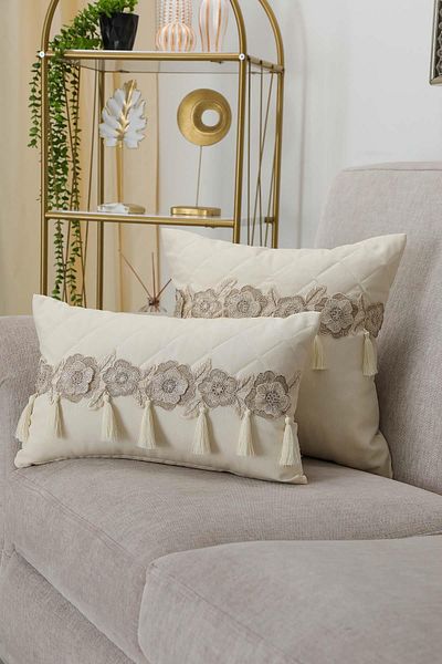 Aisha's Design 45X45 cm Square Throw Pillow Cover with Glitter Flower Motif and Tassel - K-437