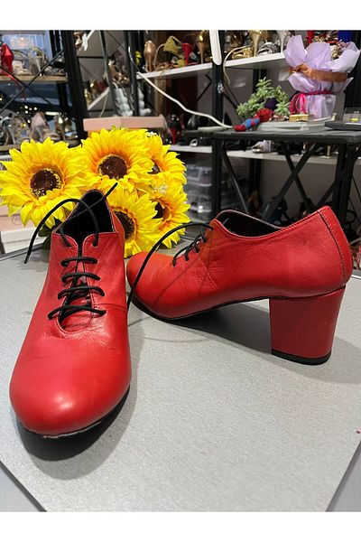 SUNA 6cm Chunky Heels Nar Blossom Red Leather Tango Shoes - for Swing and All Dancing