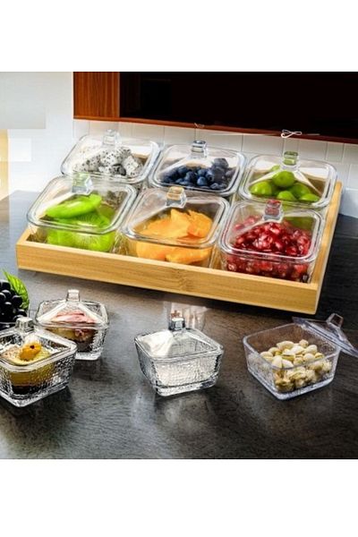 Pinkev Set of 6 Glass Breakfast Snack Bowl with Bamboo Tray and Lid