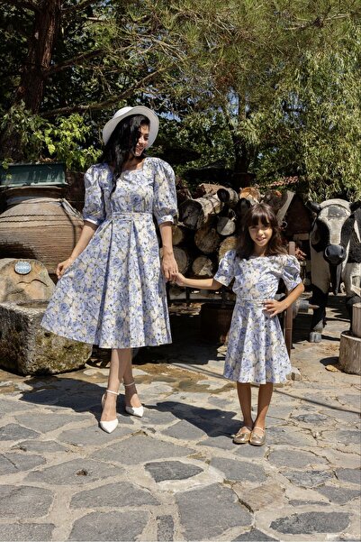 KÜÇÜĞÜM BUTİK Μπλε παστέλ φλοράλ γιακάς καρπούζι με μανίκι με φουσκωτό (πωλείται μονό)