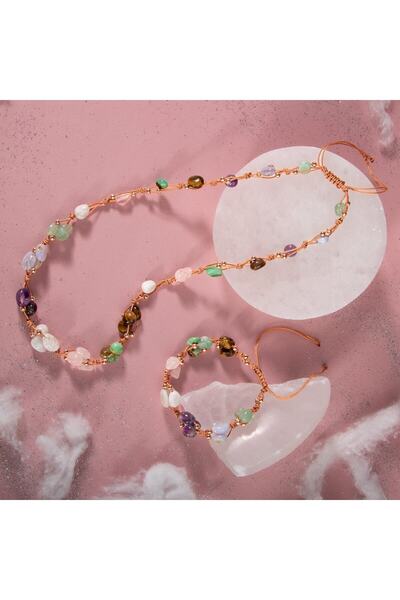 OSMANLI DOĞAL TAŞ Yengeç Burcu Kolye Bileklik Seti Ametist, Ay Taşı, Kalsedon, Kaplan Gözü, Krizopras, Pembe Kuvars, Y