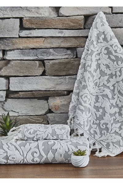 Dantela Kod-9901 Jacquard Cotton 3 Piece Bath Towel Set - Gray