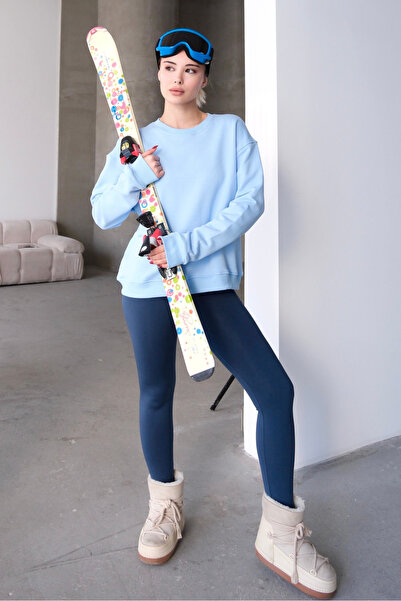 JUSTEVER Bisiklet Yaka Basic Kalıp Mavi Kadın Sweatshirt Eşofman Üstü - Aura