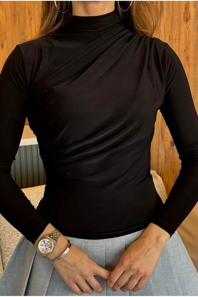 MODA Kadın Bluz Kadın Omuz Büzgülü Bel Drapeli Dik Yaka Uzun Kollu Crop Bluz