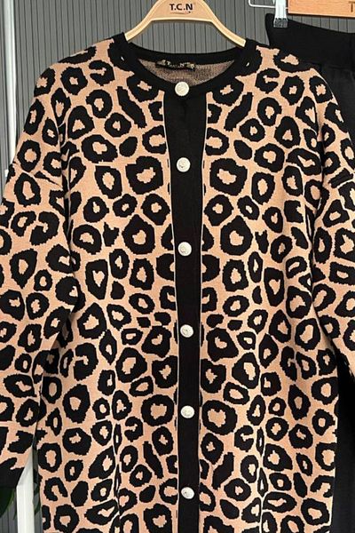 Bold Grup Women's Brown Standard Size Leopard Patterned Knitwear Buttoned Cardigan Trousers Bottom-Top Double Suit