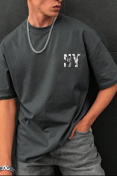 NO 601 Ανδρικό μπλουζάκι Anthracite Ny Broklyn με στάμπα Oversize