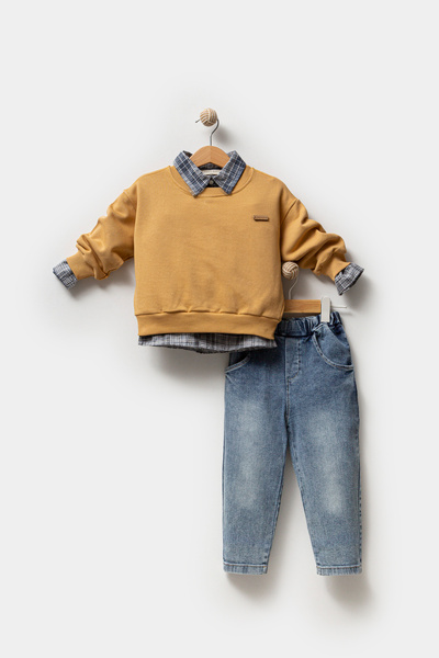 Jikko Baby Erkek Bebek Gömlek Sweatshirt ve Kot Pantolon 3'lü Takım 9064