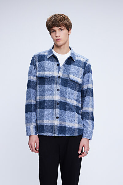 Hatemoğlu Blue Shacket Comfort Fit Long Sleeve Cotton Checkered Shirt