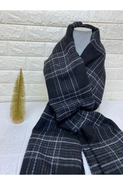 sema aksesuar New Year's New Year's Gift Black and White Striped Plaid Shawl - Wide Tassel Scarf Shoulder Shawl