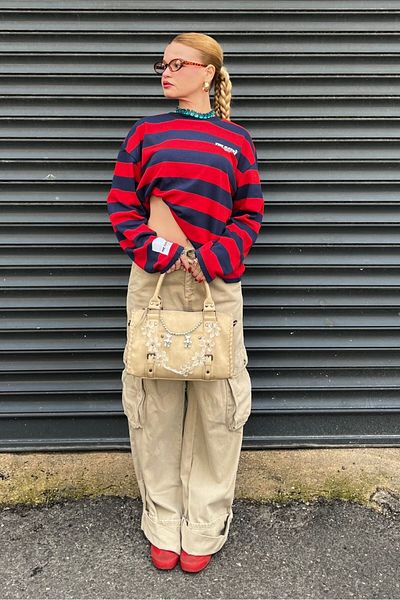 Bases Red Navy Blue Striped Oversize Long Sleeve T-Shirt
