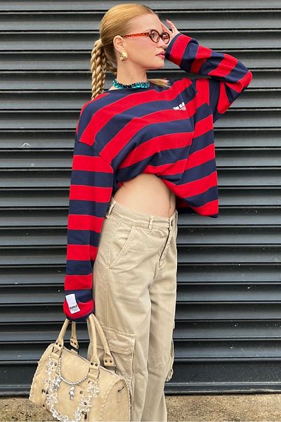 Bases Red Navy Blue Striped Oversize Long Sleeve T-Shirt