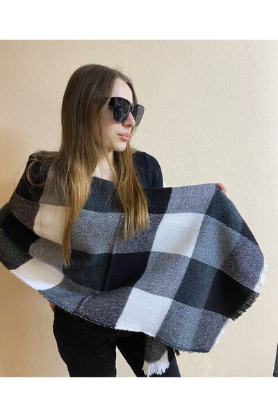 sema aksesuar Πρωτοχρονιάτικο Δώρο Πρωτοχρονιάς Μαύρο και άσπρο γκρι καρό σάλι - Φουλάρι ώμου με φαρδιές φούντες