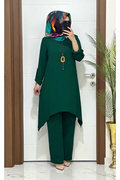 modasura Emerald 3310 K70 Aerobin Fabric Tunic and Trousers Set - New Season with Necklace, Large Size