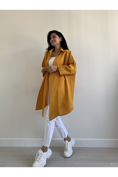 KÜÇÜĞÜM BUTİK Mustard Collar Front Tie Casual Poplin Shirt