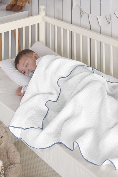 Evim Organic Cotton 4 Layer Muslin Baby Blanket White Blue 120X120 cm