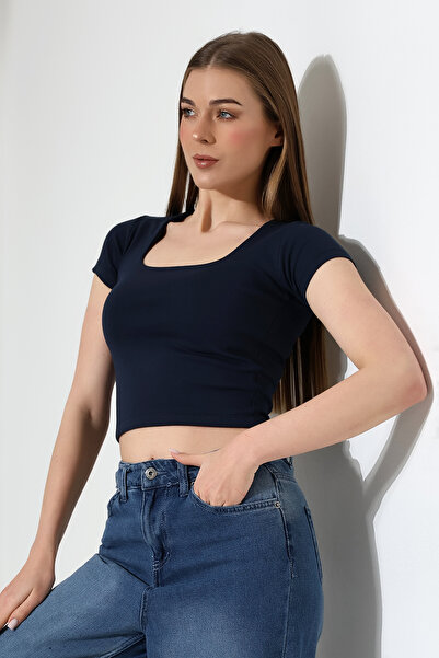 Endies Γυναικείο T-Shirt Lycra Rib Fabric - Τετράγωνος γιακάς, ΣΚΟΥΡΟ ΜΠΛΕ 21804