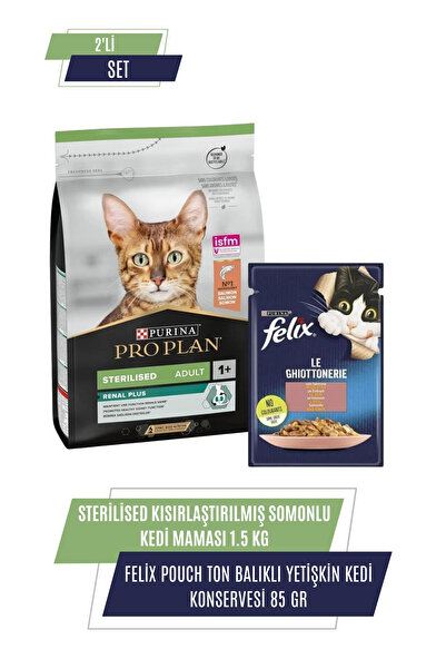 Pro Plan Sterilised Kısırlaştırılmış Somonlu Kedi Maması 1.5 Kg+Felix Pouch Ton Balıklı Yetişkin Kedi Konserv
