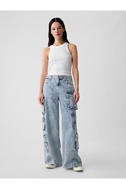 GAP Kadın Mavi Mid Rise Kargo Baggy Jean Pantolon