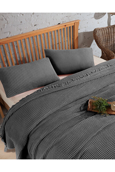 destinyhometex Koyu Gri %100 Pamuk Waffle Tek Kişilik Saçaksız Yatak Örtüsü 160x240 Cm