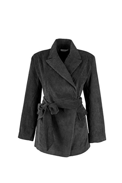 laulei Jachetă neagră din velur cu centură în talie