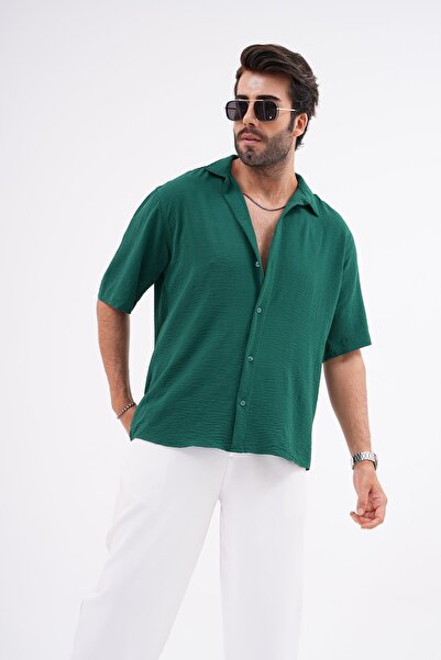 PENGORA Men's Summer Textured Oversized Short Sleeve Shirt Emerald Green