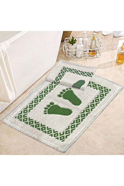 Teksev Soffy Cotton Cream & Green 2-Piece Bath Mat 100% Cotton Foot Mat Towel...