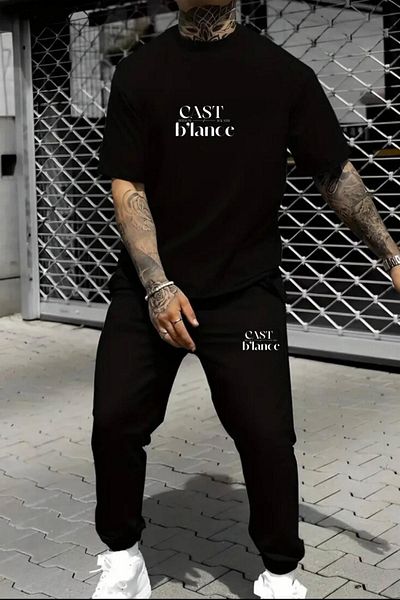 NO 601 Men's Black Cast Balance Printed Sweatshirt Tracksuit Set