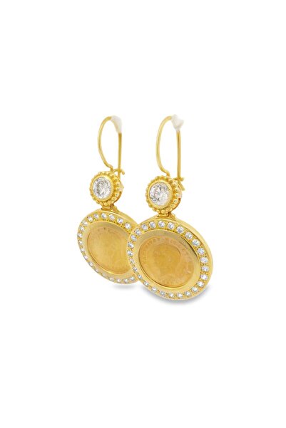 Altınöz Mücevherat Zirkon Taş Çerçeveli Ata Liralı Şık Sarı Altın Küpe