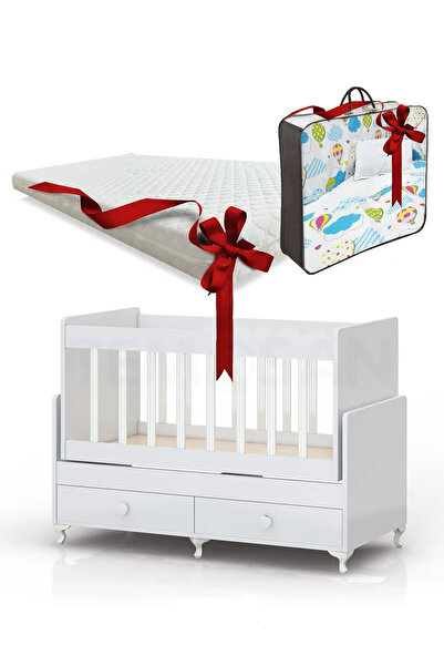 temosan mobilya Anne Yanı Sallanır Bebek Beşiği, Sarı Uyku Setli, Yataklı, Çe...