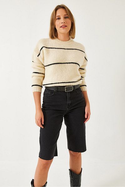 Bianco Lucci Women's Crew Neck Striped Knitwear Sweater 20247533