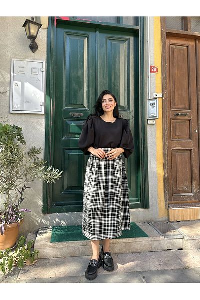 KÜÇÜĞÜM BUTİK Black Checkered Plaid Waist Gathered Skirt