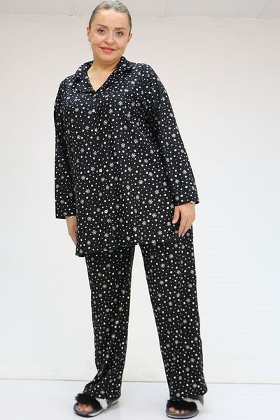 Eslina 47811 Large Size Front Button Micro Suede Pajamas Set - Black