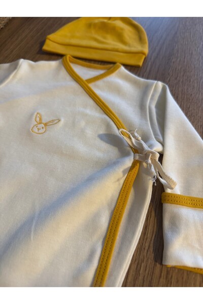 Calico Sarı & Beyaz Renkli Organik Yenidoğan Bebek Seti (5 PARÇALI)