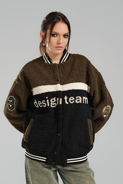 tw3 Oversize Fit College Collar Embroidered Pocket Plush Bomber Jacket