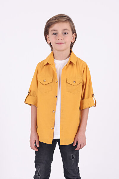Pollito Boy's 2-Pocket Cotton Mustard Shirt T-Shirt Set of 2