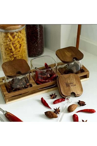 MEHAY HOME 3-Piece Borosilicate Square - Acacia, Glass and Spice Holder