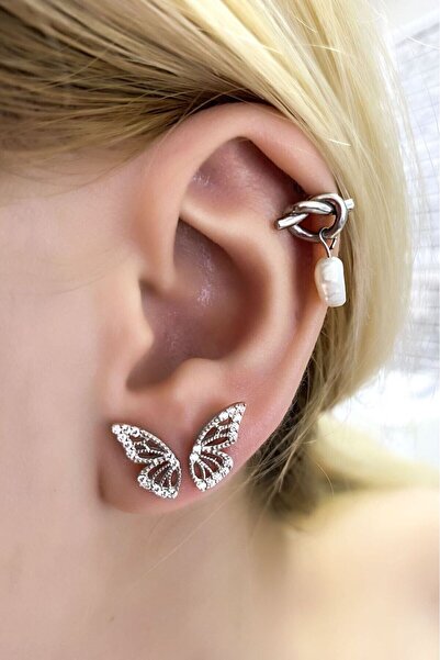 SUNSHINE 925 Ayar Rodyum Kaplamalı Beyaz Zirkon Taşlı Gümüş Kelebek Küpe