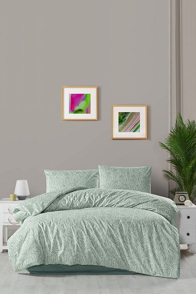 CEMETEKS FİRUZE Turquoise Double Duvet Cover Set - 100% Cotton, Leaf Pattern, Bed Sheet and Pillowcases
