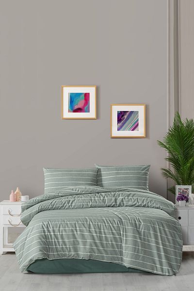CEMETEKS FİRUZE Turquoise Double Duvet Cover Set - 100% Cotton, Horizontal Line Pattern, Duvet Cover-Sheet-Pillow Covers