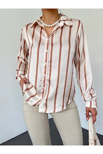 Modamorfo Saténová košile s dlouhým zadním dílem a knoflíky - hnědá