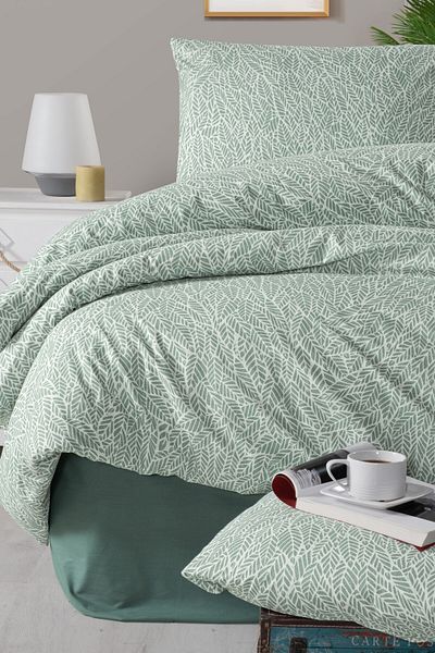 CEMETEKS FİRUZE Turquoise Double Duvet Cover Set - 100% Cotton, Leaf Pattern, Bed Sheet and Pillowcases