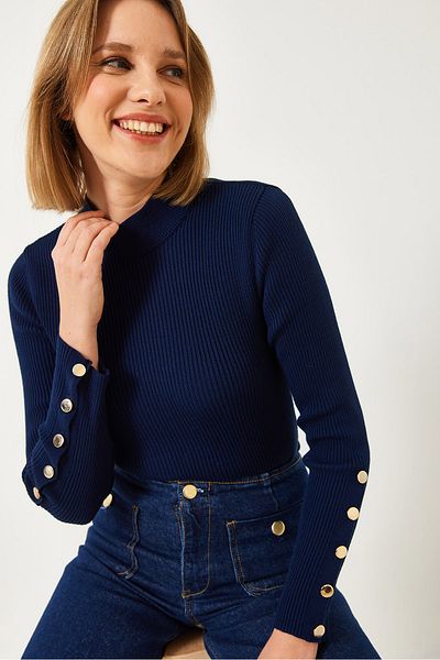 Bianco Lucci Women's Knitted Sweater with Button Detail on Sleeves 20247564